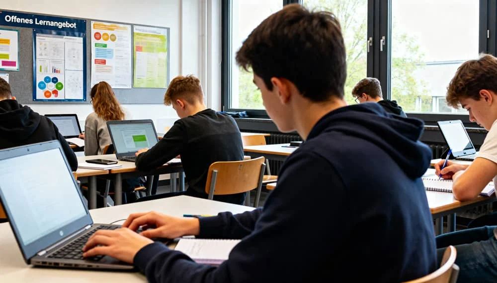 Friedrich-Ebert-Schule Hürth - Schüler sitzen in der Klasse und arbeiten am Labtops