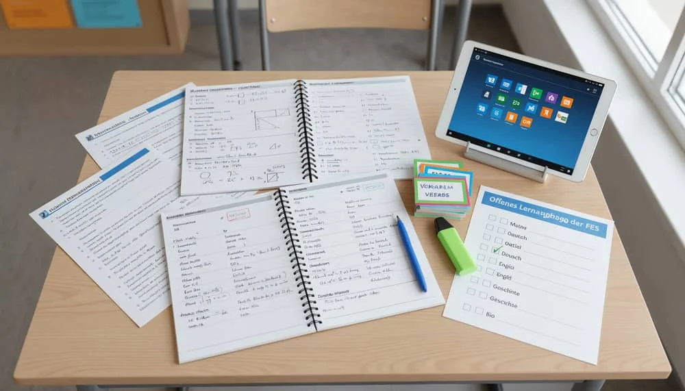 Friedrich-Ebert-Schule Hürth - Blick auf Schultisch mit Unterlagen